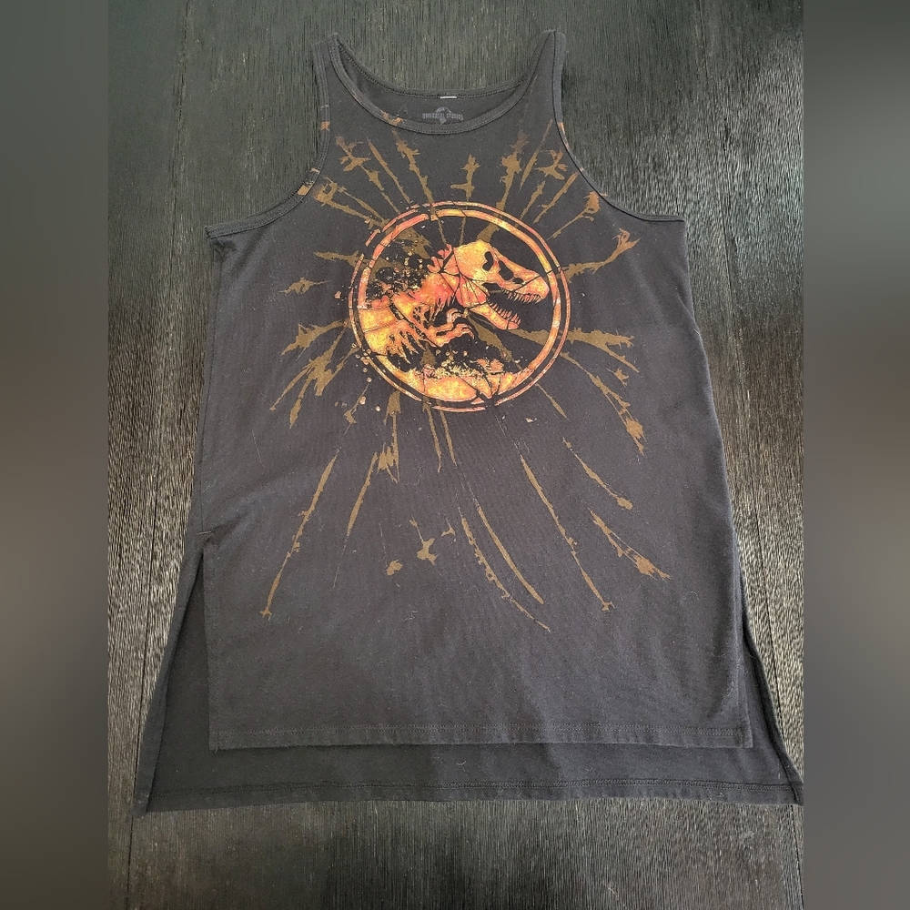 Jurassic World black tank top with orange shimmer logo